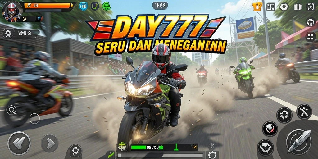 Screenshot utama DAY777 menampilkan aksi balapan motor yang intens.
