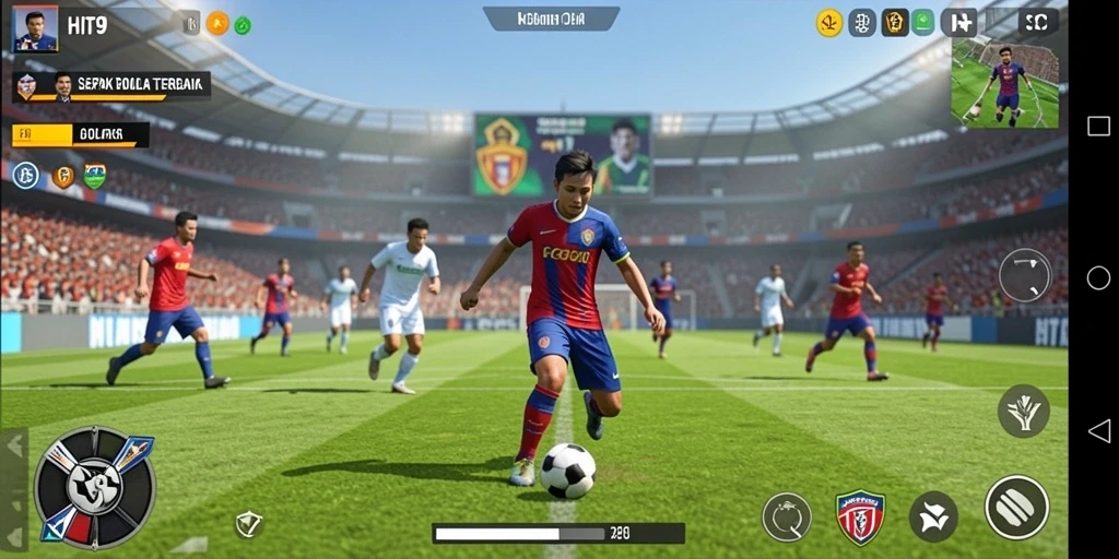 Screenshot utama HIT9 menampilkan aksi seru dalam permainan sepak bola.