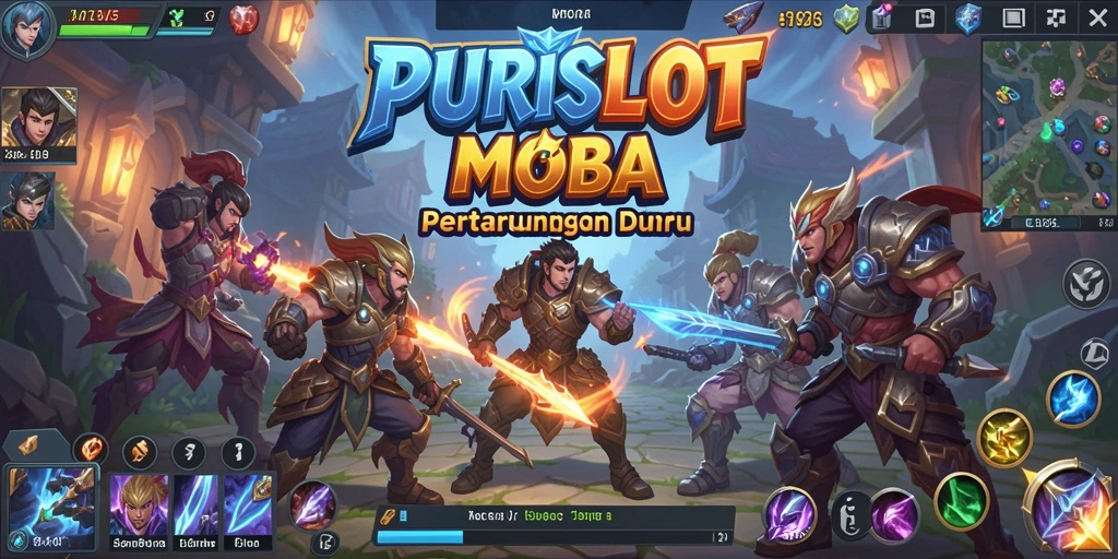 Tangkapan layar gameplay <strong>PURISLOT</strong> menunjukkan aksi intens dalam pertarungan MOBA.
