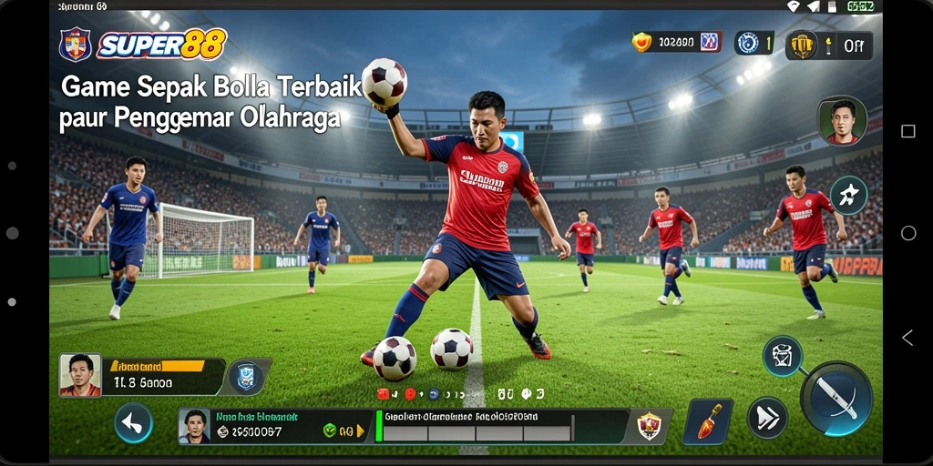 Tampilan gameplay <strong>SUPER88</strong> dengan aksi bola dan pemain di lapangan.